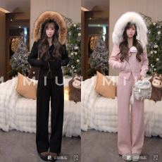 批发超大真毛领可拆加超厚绒毛毛保暖上衣+长裤