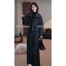 批发秋冬季新款女翻领厚款时尚简约毛呢夹棉外套+<b class='q'>裤</b>子套<b class='q'>装</b>