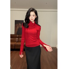 批发翻领修身针织长袖袖口拼色打底衫