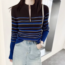 批发秋冬新款套头打底衫半高圆领羊毛<b class='q'>针织</b>衫显瘦百搭修身长袖条纹上衣