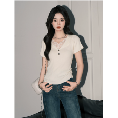 批发新款纯欲风宽松显瘦短袖套头上衣女翻领拼接蕾丝针织衫