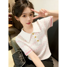 批发韩系甜美polo领条纹镂空针织衫女2026<b class='q'>春</b>夏新款小个子显瘦短袖上衣