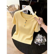 欧货圆领短袖针织衫T恤坑条设计彩色夏纽扣纯色百搭上衣