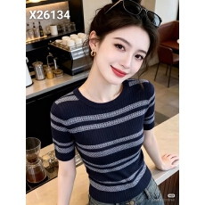 批发撞色条纹<b class='q'>镂空</b>薄款短袖<b class='q'>针织衫</b>女春夏新款修身显瘦休闲百搭圆领上衣