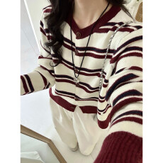 批发春秋薄款复古学院风条纹长袖针织<b class='q'>开衫</b>上衣休闲百搭短款毛衣外套<b class='q'>女</b>