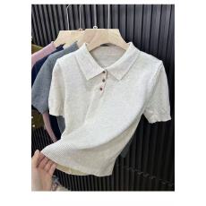 批发杏色polo领刺绣针织短袖<b class='q'>t</b><b class='q'>恤</b><b class='q'>女</b>夏季2026新款冰丝正肩短款半袖上衣