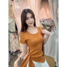 批发克莱因蓝显白正肩冰丝针织短袖<b class='q'>T</b><b class='q'>恤</b><b class='q'>女</b>夏季不规则收腰绑带开叉上衣