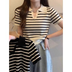 批发polo衫条纹针织短袖<b class='q'>t</b><b class='q'>恤</b><b class='q'>女</b>夏季2026新款正肩修身短款上衣