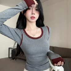 批发撞色圆领正肩长袖<b class='q'>T</b><b class='q'>恤</b><b class='q'>女</b>2026早秋别致修身显瘦高级小众不撞款上衣