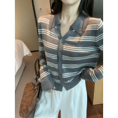 批发美式复古条纹针织开衫女早秋设计感小众洋气减龄宽松显瘦百搭上衣