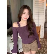 批发法式温柔风斜肩木耳边长袖针织衫女秋<b class='q'>冬</b>新款甜辣气质露肩修身毛衣