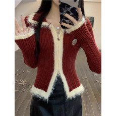 春秋季独特美式复古辣妹渐变色翻领毛衣针织开衫女