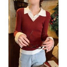 批发撞色假两件长袖<b class='q'>T</b><b class='q'>恤</b><b class='q'>女</b>早秋<b class='q'>女</b>装新款拼接针织打底衫Polo领上衣