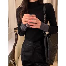 批发撞色长袖针织衫女设计感小众修身显瘦百搭气质打底衫上衣