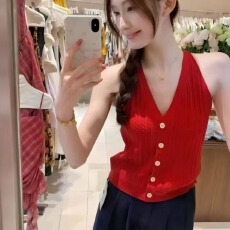 批发夏季高级感刺绣无袖外穿针织背心女韩系挂脖修身v领内搭打底上衣