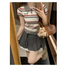 批发减龄学院风翻领上衣小狗图案撞色<b class='q'>条纹</b>POLO领针织短袖T恤