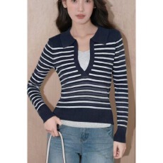 批发韩系氛围感早秋上衣新款<b class='q'>条纹</b>撞色POLO领<b class='q'>针织衫</b>女修身上衣