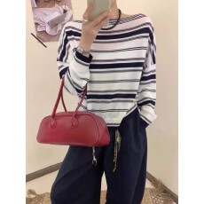 批发韩国chic秋季新款法式复古斜领<b class='q'>条纹</b>宽松高级感露肩<b class='q'>针织衫</b>女上衣潮