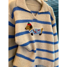 批发趣味小狗贴布翻领<b class='q'>针织衫</b>女秋季新款小众设计感撞色<b class='q'>条纹</b>长袖羊毛衫