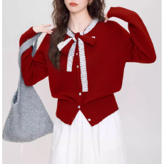 批发<b class='q'>韩国</b>chic 蕾丝花边蝴蝶结撞色针织衫上衣小香风开衫毛衣小外套
