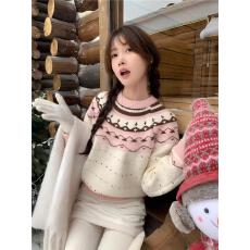 批发费尔岛毛衣女秋加厚小个子宽松慵懒风圆领套头针织衫软糯上衣