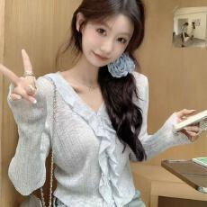 批发v领花边小香风<b class='q'>薄款</b>针织开衫防晒女夏季外套外搭空调罩衫冰丝上衣