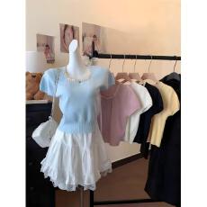 批发2026夏季新款韩国ins夏日糖果色百搭圆领短袖假两件<b class='q'>薄款</b><b class='q'>针织衫</b>