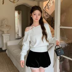 批发纯欲风性感斜领<b class='q'>针织衫</b>早秋新款设计感辣妹洋气别致蝴蝶结露肩上衣