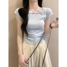 绿色镂空蝴蝶结短袖上衣女夏季新款多巴胺掐腰内搭正肩独特短T恤