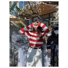 批发温柔慵懒风上衣条纹短款仿水<b class='q'>貂绒</b>法式加厚针织开衫毛衣<b class='q'>外套</b>女秋冬