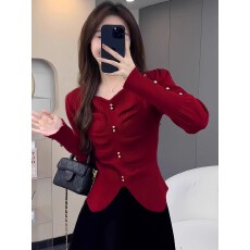 批发法式V领泡泡袖针织衫女2025秋冬新款修身显瘦百搭毛衣<b class='q'>打底衫</b>上衣