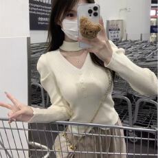 批发2026春秋新款紧身纯欲挂脖镂空泡泡袖设计感针织打底衫上衣<b class='q'>女</b>毛衣