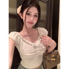 批发蝴蝶结短袖针织衫<b class='q'>女</b>夏季新款修身小众气质短款褶皱上衣