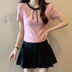 批发港味风格蝴蝶结镂空正肩短袖T恤<b class='q'>女</b>夏季新款纯色百搭小衫撞色上衣