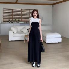 批发法式撞色拼接蝴蝶结背心<b class='q'>连衣裙</b>女夏季气质收腰显瘦针织A字裙长裙