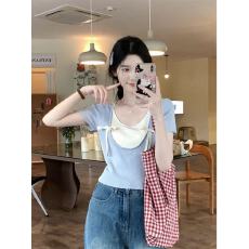 批发韩系穿搭蝴蝶结蓝色假两件短袖t恤<b class='q'>女</b>夏季2026新款设计感小众上衣