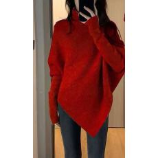 批发高领不规则小众设计感<b class='q'>毛</b>衣女秋冬韩版宽松慵懒风软糯针织上衣加厚