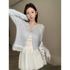 批发气质百搭蕾丝花边拼接针织开衫<b class='q'>防晒</b>衫修身显瘦休闲上衣