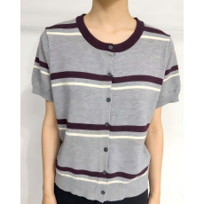批发咖色美拉德条纹撞色圆领短袖针织开衫女2026夏季软糯<b class='q'>宽松</b>显瘦上衣