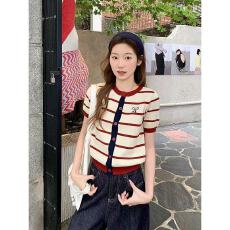 批发复古撞色条纹短袖<b class='q'>针织</b>开<b class='q'>衫</b>女2026早春新款修身显瘦百搭打底小上衣