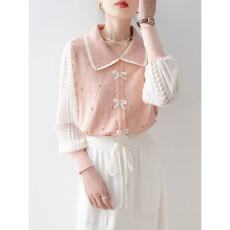 批发针织衫女2026新款春秋杏色娃娃领镂空拼接<b class='q'>毛衣</b>秋季穿搭高级感上衣