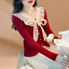 批发蝴蝶结毛衣女2026春秋季新款荷叶边圆领单排扣短款气质针织打底衫