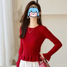 批发秋季短款<b class='q'>毛衣</b>女修身<b class='q'>荷叶边</b>圆领长袖纯色甜美针织衫女