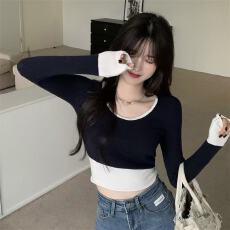 批发撞色针织打底女早春季小众韩系修身百搭显瘦内搭长袖针织短款上衣