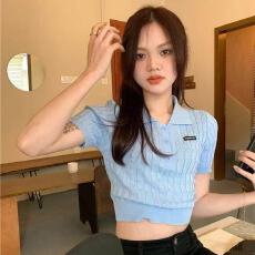 批发日系复古针织polo衫女短袖<b class='q'>欧美</b>风辣妹短款翻领上衣短款<b class='q'>t</b><b class='q'>恤</b>夏季薄