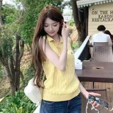 批发Bigking大金家 polo领刺绣麻花针织马甲背心女春夏无袖T恤上衣