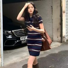批发减龄学院风针织条纹连衣裙女夏季polo领撞色短款修身短袖T恤裙子