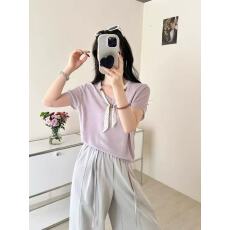 批发法式气质百搭系带V领短袖针织衫T恤女夏季设计感小众薄款减龄上衣