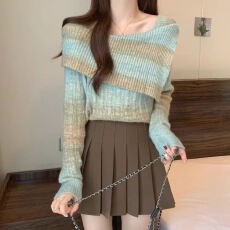 批发2026秋季设计感撞色渐变一字领套头毛衣<b class='q'>大码</b><b class='q'>女装</b>气质减龄百搭上衣
