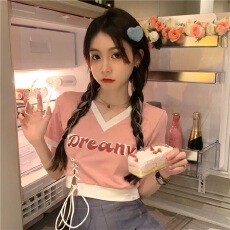 批发美式复古短款V领短袖甜辣风<b class='q'>街头</b>休闲显瘦独特T恤女夏辣妹上衣